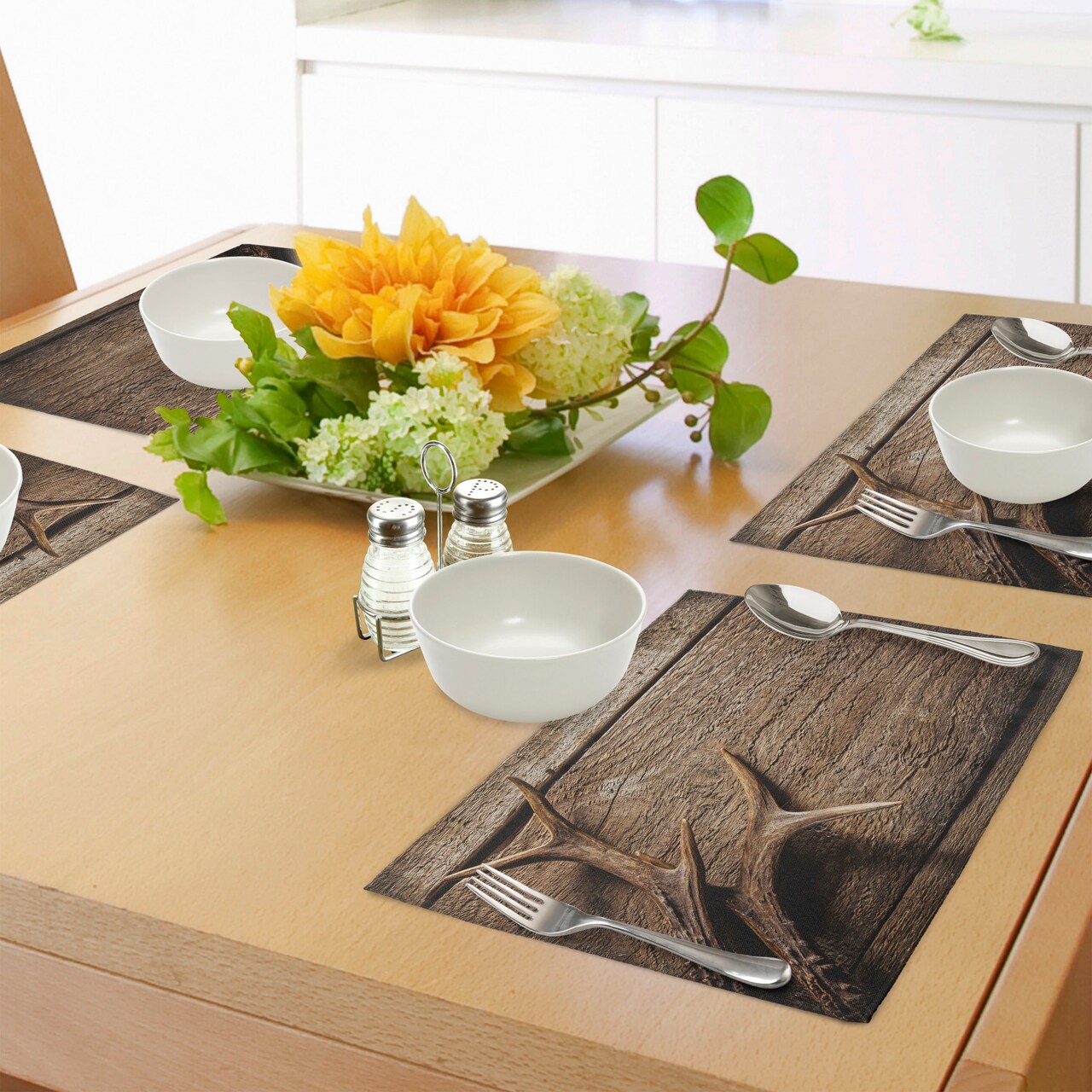 Ambesonne Antlers Place Mats Set of 4, Deer Antlers on Wood Table Rustic Texture Surface Hunting Season Fall Gathering Art, Washable Fabric Placemats for Dining Table, Standard Size, Umber